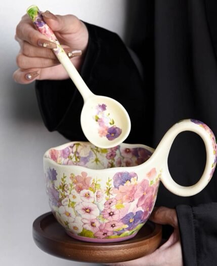 Jinseporcelain Botanical Handle Mug — Chelsea Flower Show in Stoneware, Ergonomic Bloom Grip