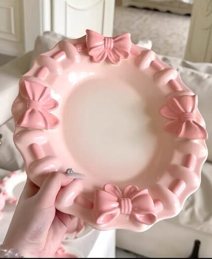 JinsePorcelain Whimsical Bow Plates — Alice-in-Wonderland Stoneware, Hand-Pleated Ruffle Magic